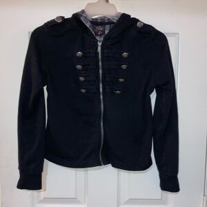 Black hoodie with British looking buttons on the front and shoulders size small